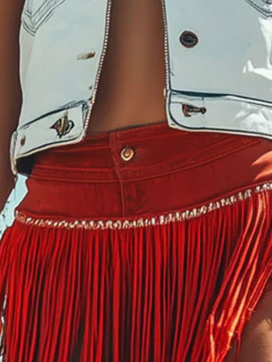 Western Retro Red Washed Cotton Ribbon Tassel Shorts
