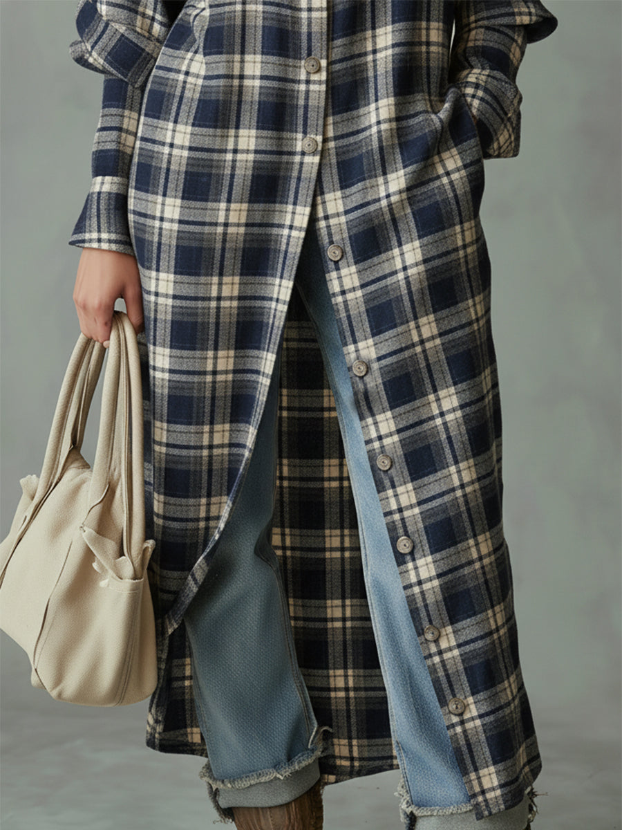 Casual Retro Collared Blue And Beige Plaid Maxi Dress
