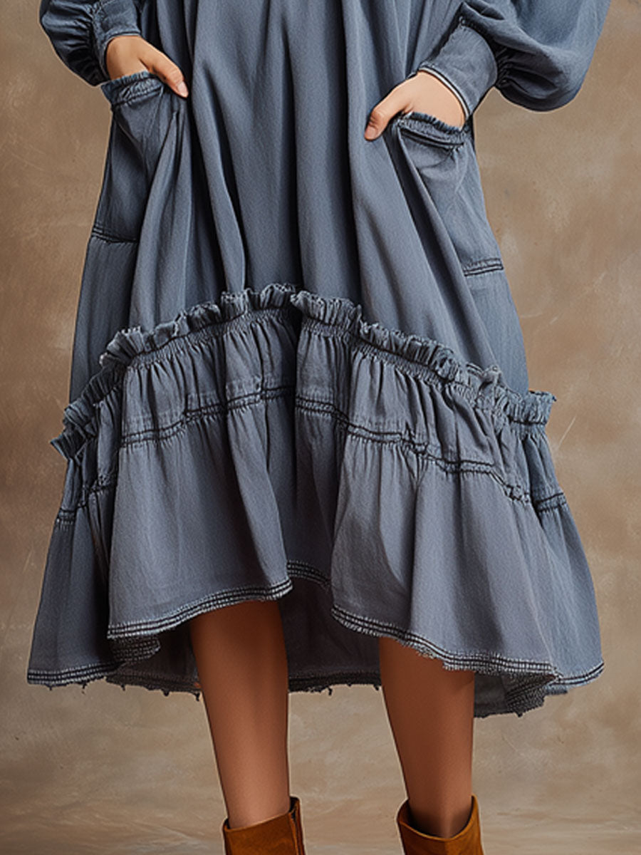 Vintage Half-zip Floral Embroidered Blue Denim Long-sleeved Ruffle Midi Dress
