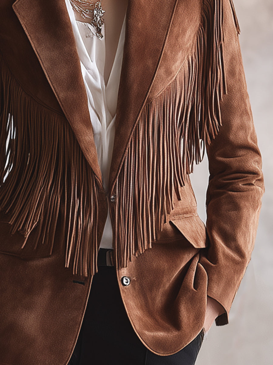 Vintage Western Brown Faux Suede Fringe Blazer