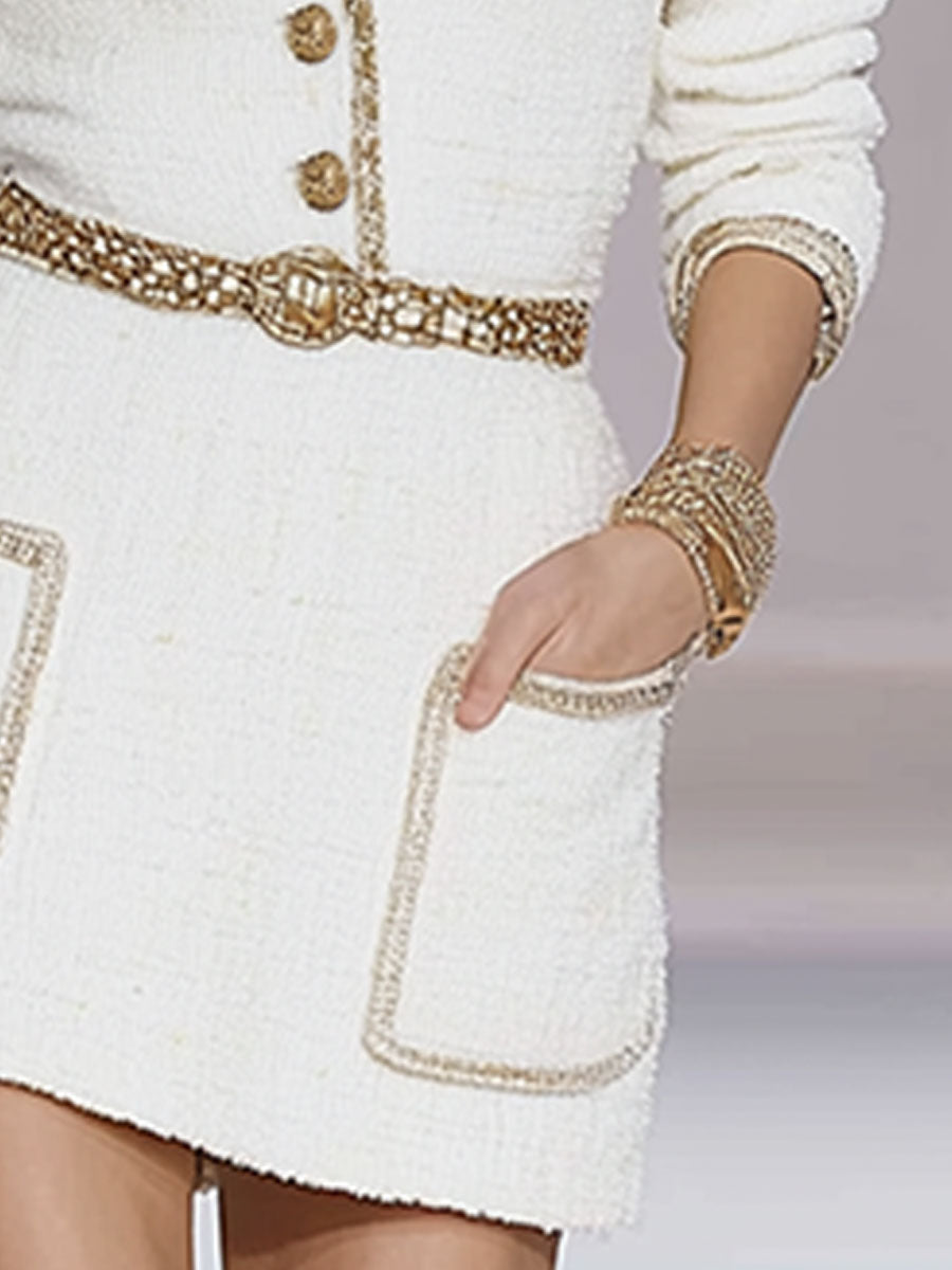 Stylish And Elegant White Tweed Mini Dress With Gold Buttons