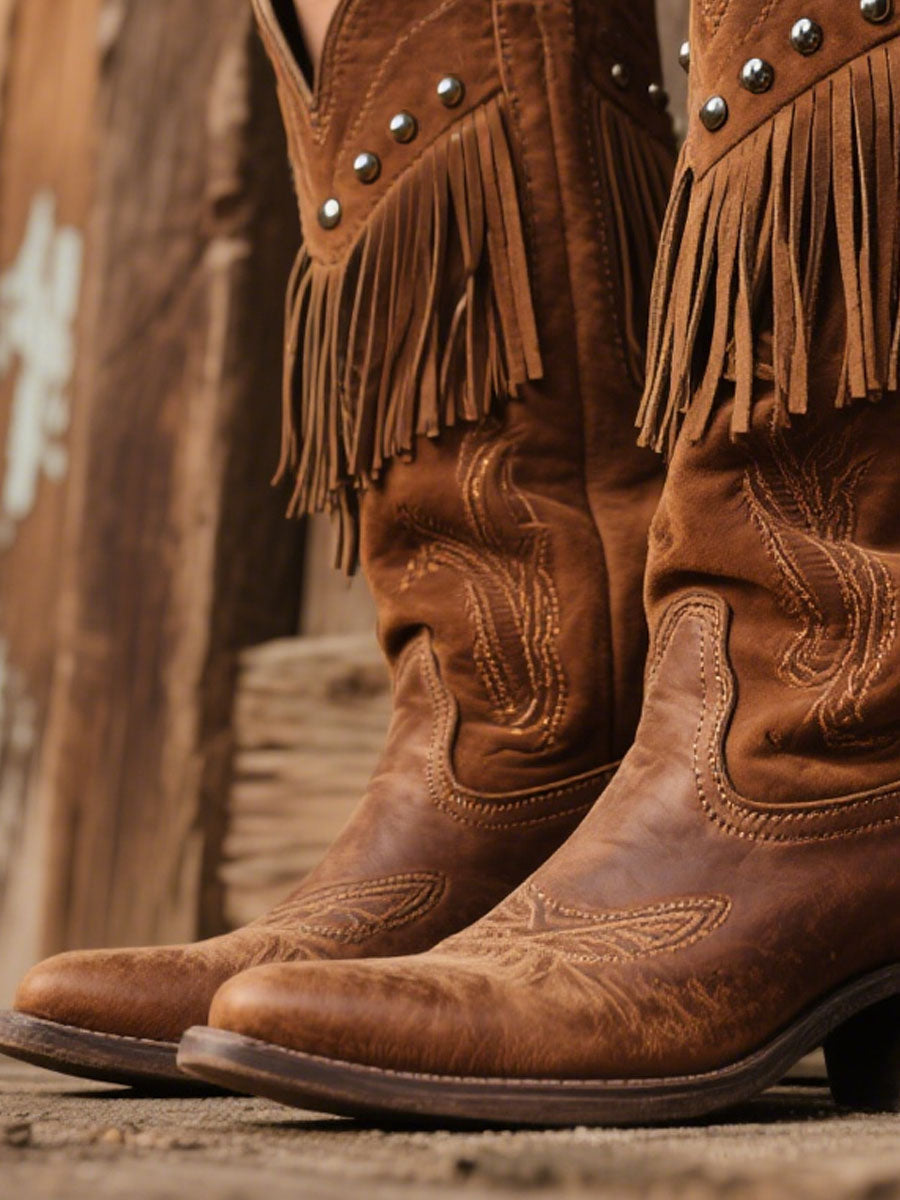 Women's Western Embroidered Tassel Faux Suede Cowboy Boots