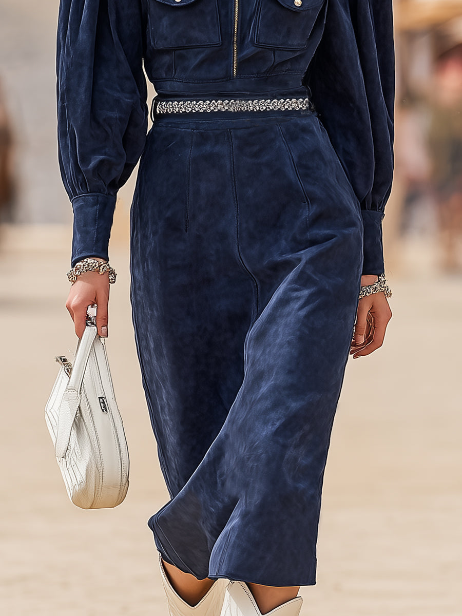 Western Retro Stand-up Collar Zip-up Dark Blue Faux Suede Midi Dress