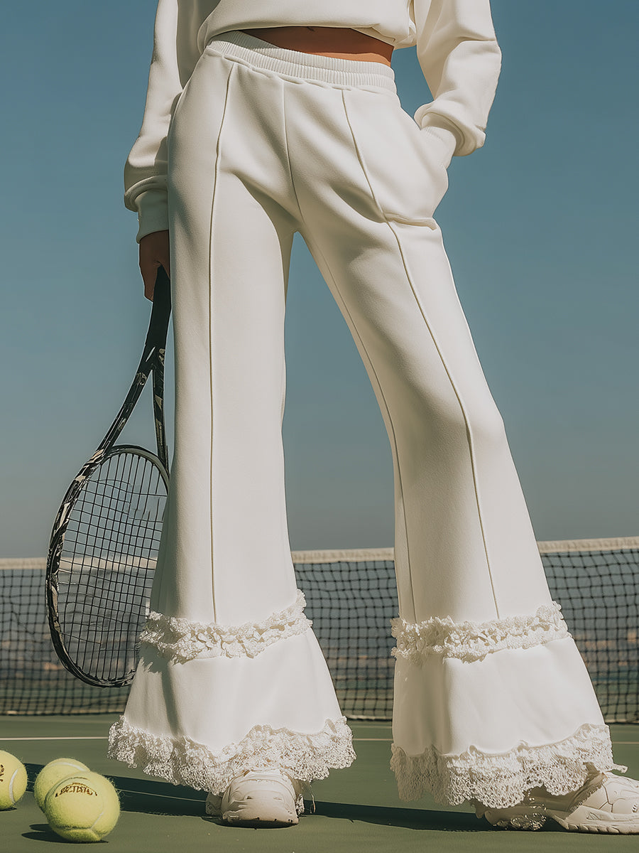 Ballet-inspired Sporty Red Floral Embroidered Lace Patchwork White Sweatshirt And Flared Pants Set