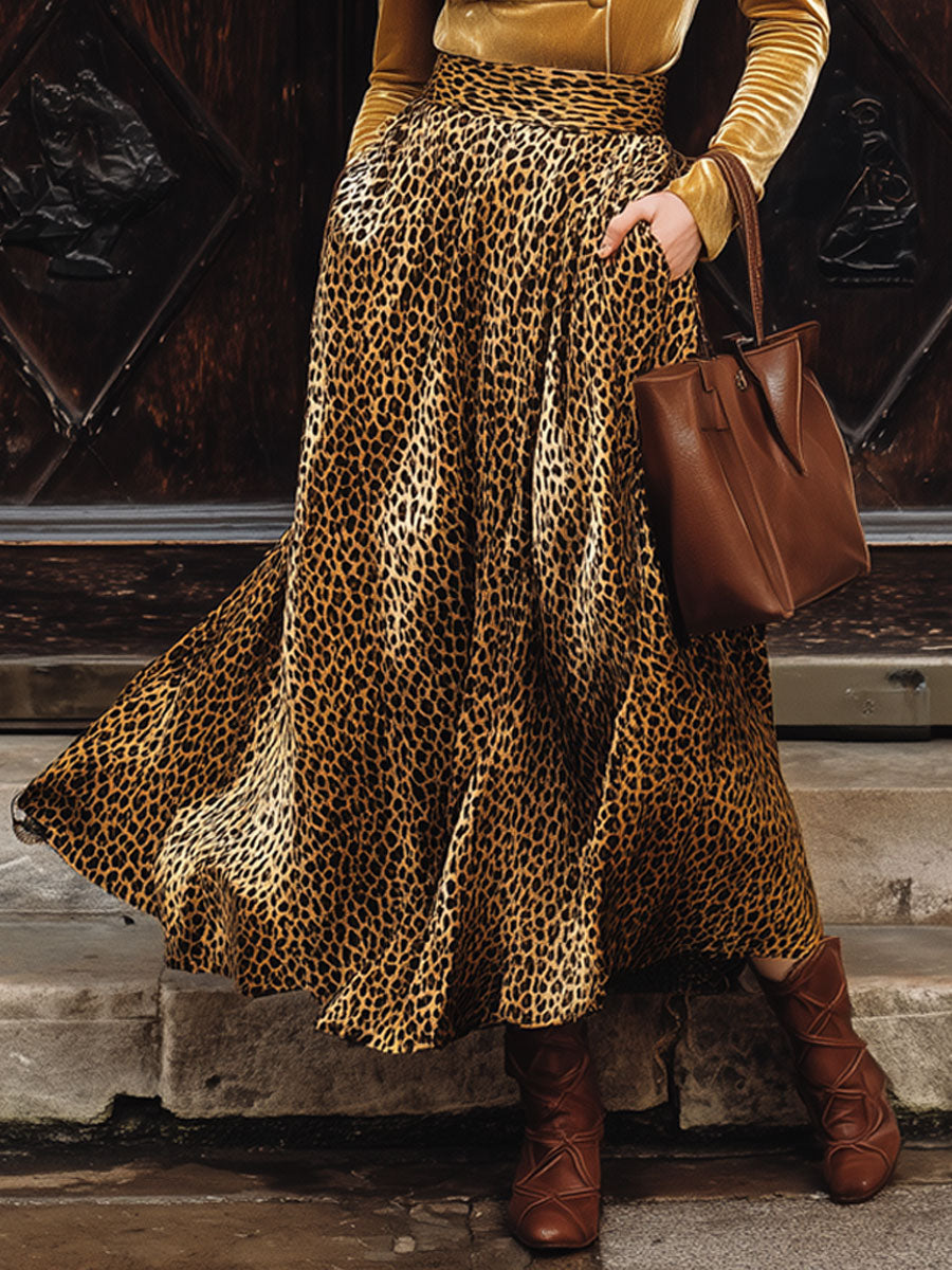 Vintage Gold Velvet V-Neck Long-Sleeved Shirt Leopard Print Pocket Skirt Set