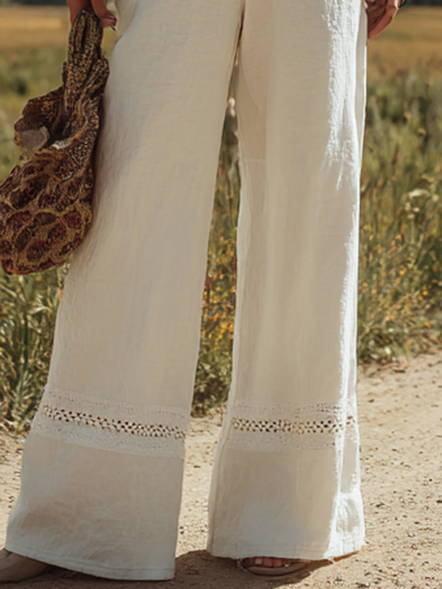 Women's White Linen Sleeveless Suspender Button Jumpsuit With Lace Design