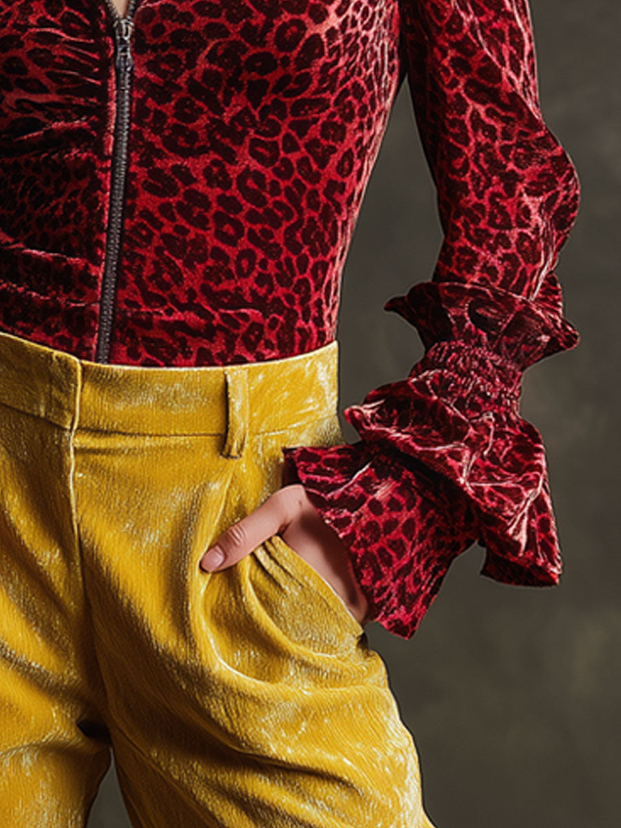 Casual Retro Red Leopard Print Velvet Zip-up Ruffled Long-sleeved Shirt