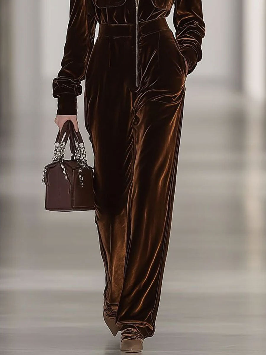 Casual Loose Vintage Velvet Multi-Pocket Zipper Long Sleeve Jumpsuit