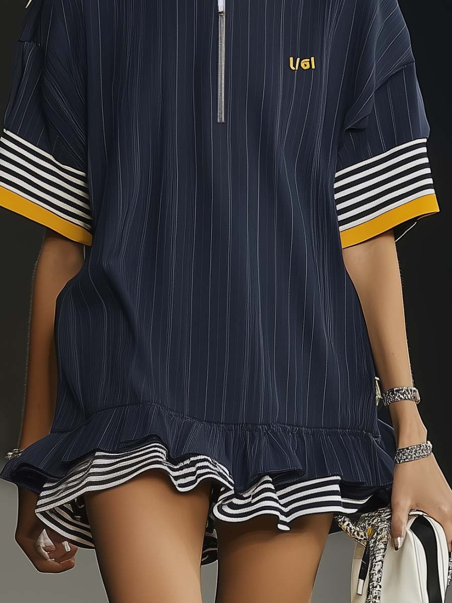 Casual Ultra-loose Front Zipper Short-sleeved Ruffled Hem Navy Blue Hoodie Style Mini Dress
