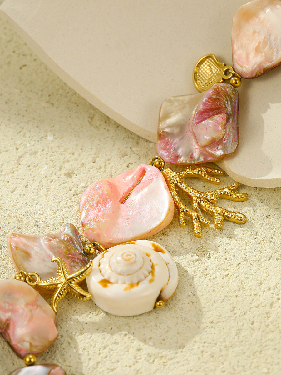 Beach Style Pink Shell Coral Stainless Steel Necklace