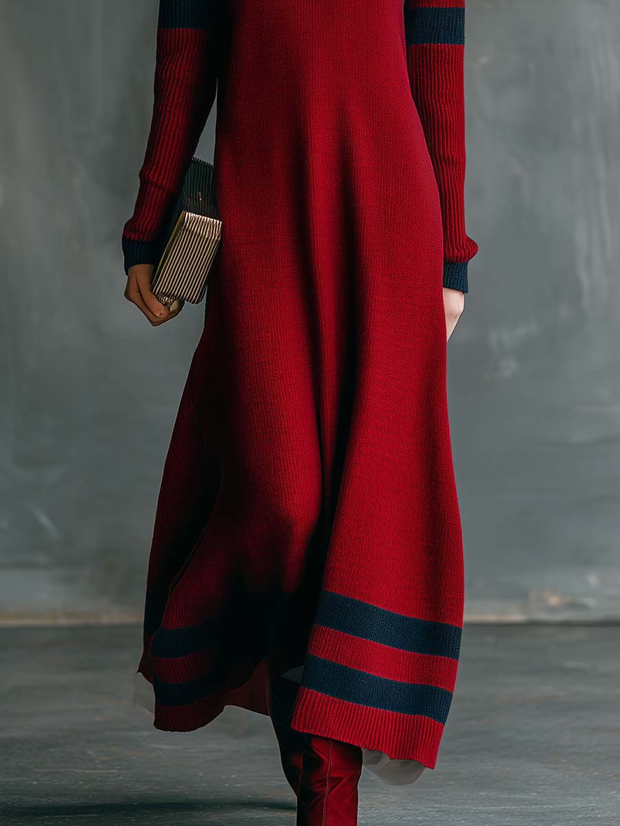 Vintage Fashion Sporty V-neck Front Button Navy Contrast Stripes Red Knitted Maxi Dress