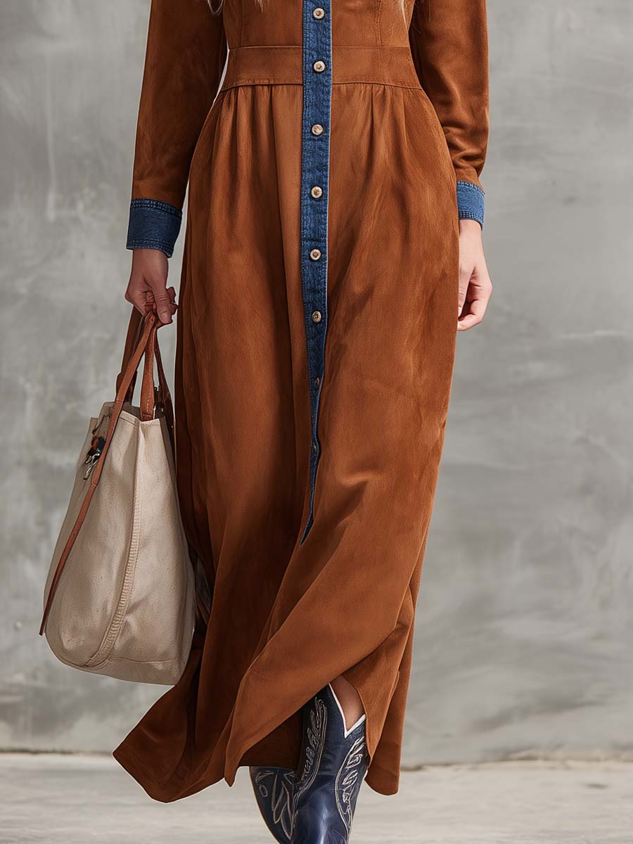 Western Retro Lapel Front Button Blue Denim Trim Brown Faux Suede Maxi Dress