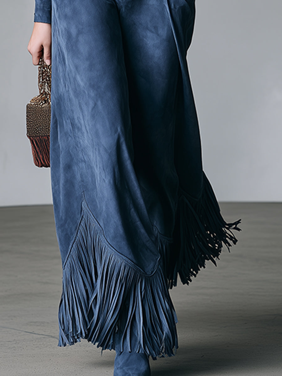 Trendy Retro-style Fringed Blue Faux Suede Hooded Maxi Dress