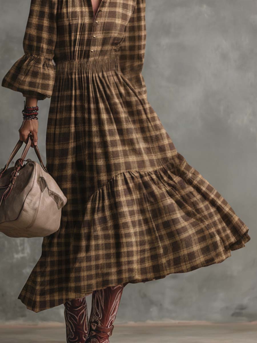 Vintage Western Countryside Lapel Front Button Bubble Hem Brown Plaid Midi Dress