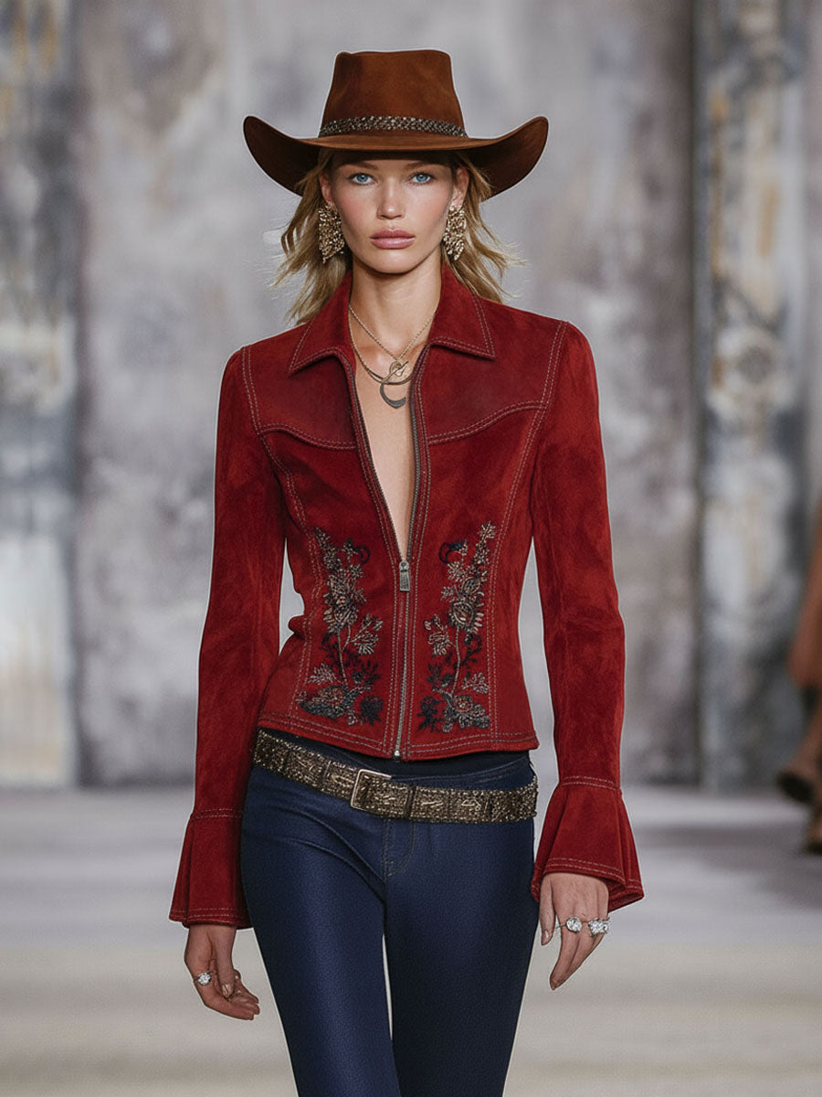 Western-style Lapel Zipper Floral Embroidered Faux Suede Jacket