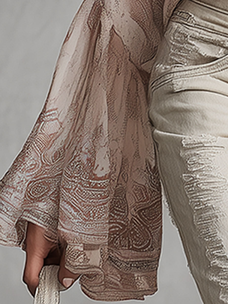 Stylish And Elegant Pink Paisley Chiffon Flared Sleeve Shirt