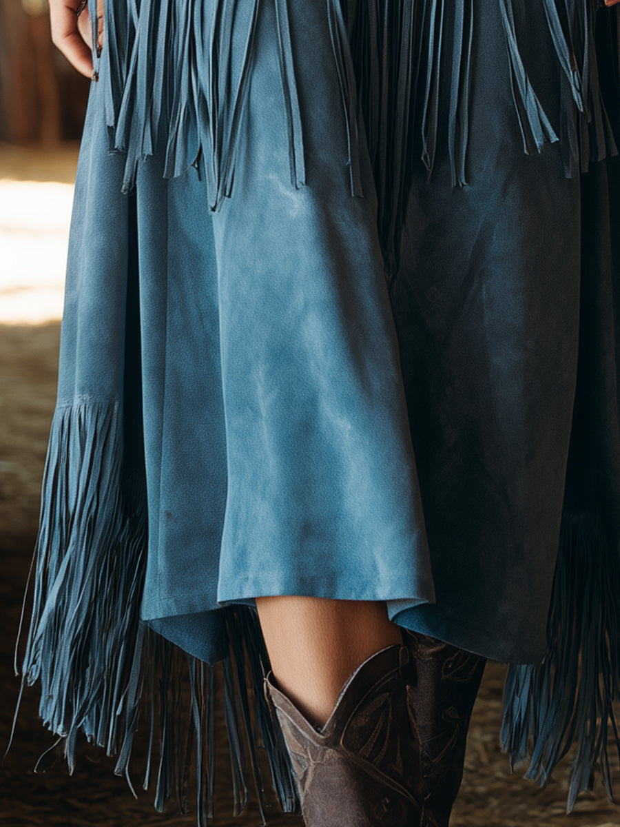 Western Blue Faux Suede Patchwork Fringe Midi Skirt