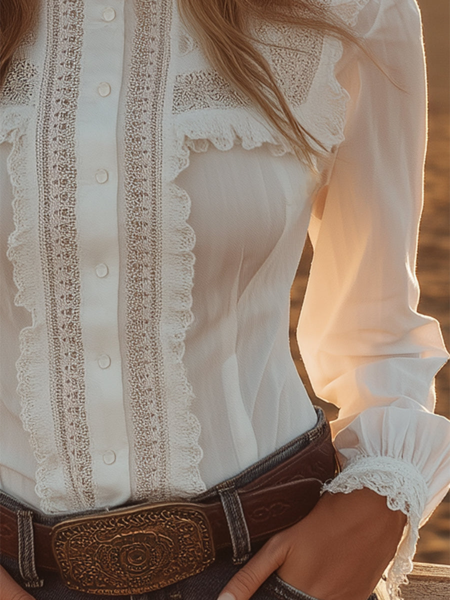 Western-style White Lace Button-down Shirt