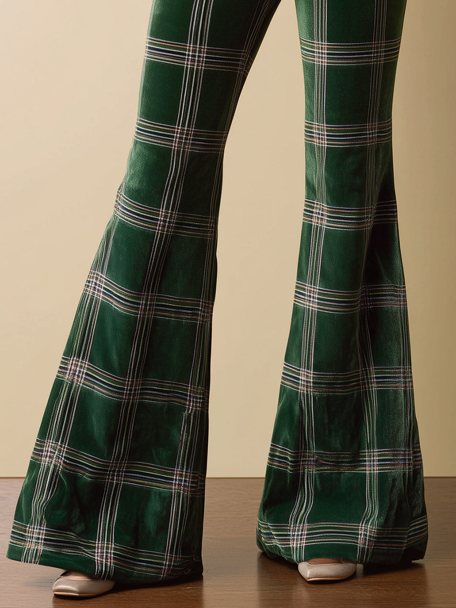 Vintage Emerald Plaid Print Velvet Flared Pants