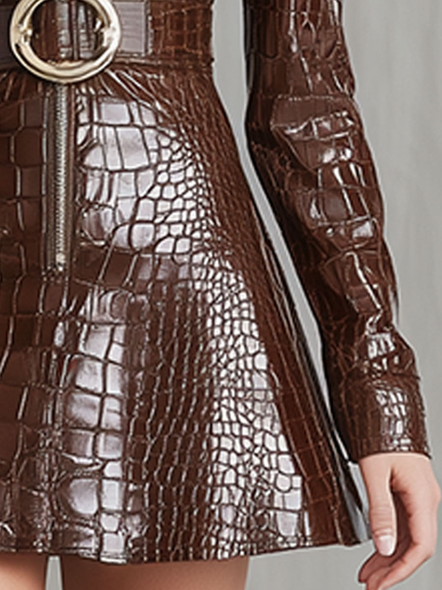 Vintage Brown Lapel Half-zip Faux Crocodile Mini Dress