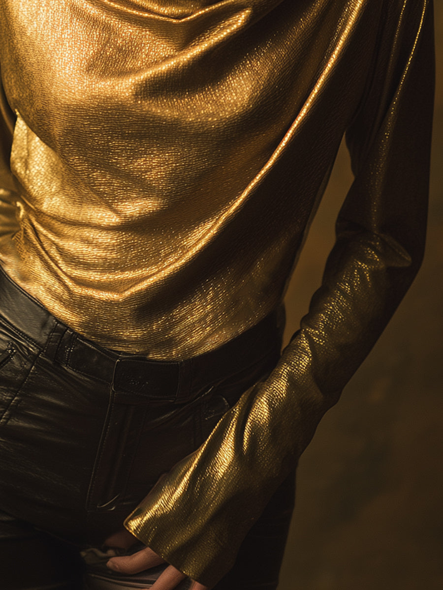 Stylish And Casual Gold Turtleneck Metallic Blouse