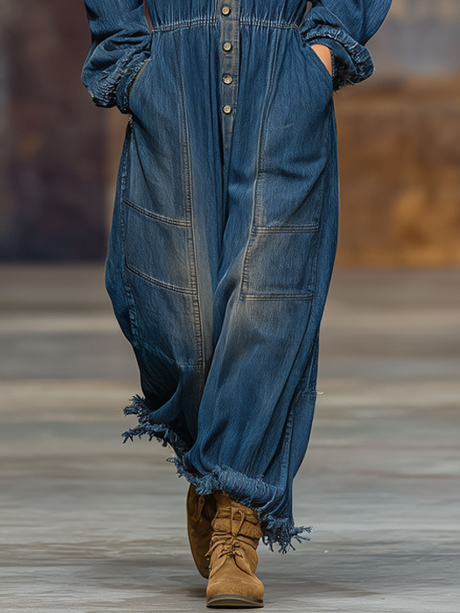 Casual Retro Distressed Frayed Dark Blue Denim Long-sleeved Jumpsuit