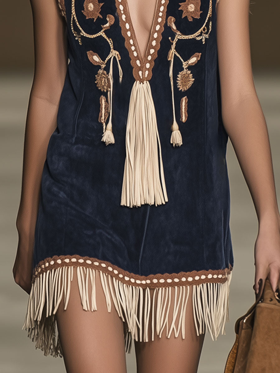 Casual Loose Vintage Suede Bohemian Embroidered Tassel Sleeveless Mini Dress