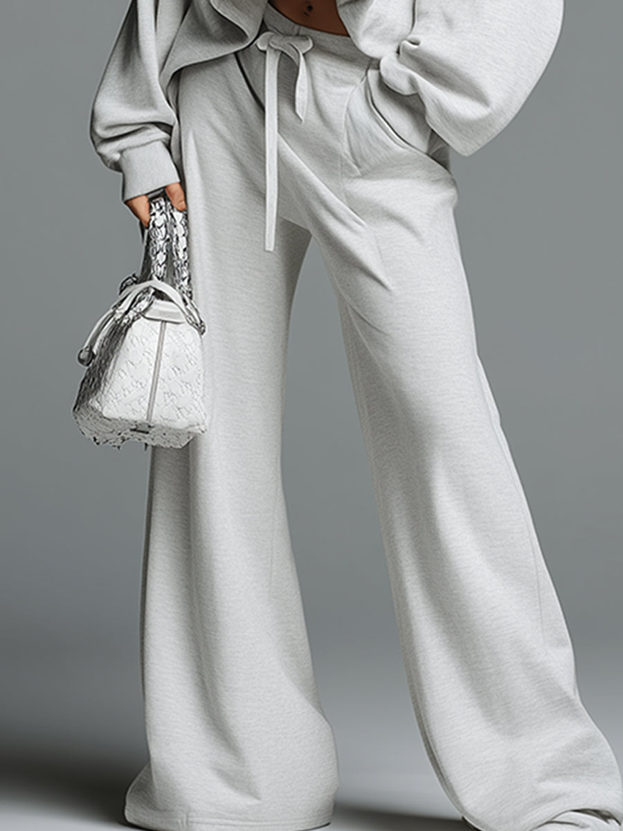 Casual Loose-fitting Grayish White Hooded Sweatshirt And Wide-leg Pants Sports Set