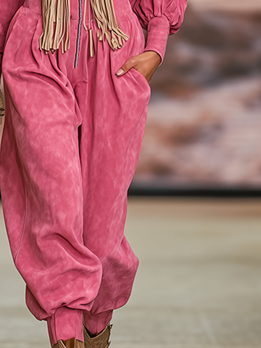 Trendy Urban Retro Bright Pink Stand-up Collar Front Zipper Faux Suede Jumpsuit