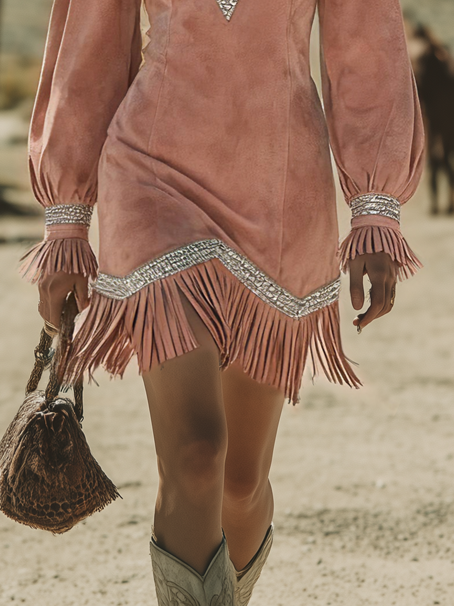 Western-style Retro Bohemian Fringed Faux Suede Dress