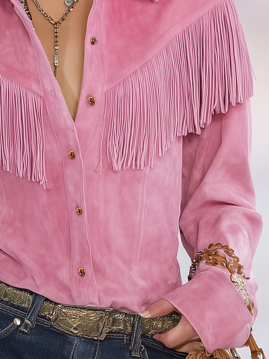 Casual Retro Collared Pink Faux Suede Tassel Shirt