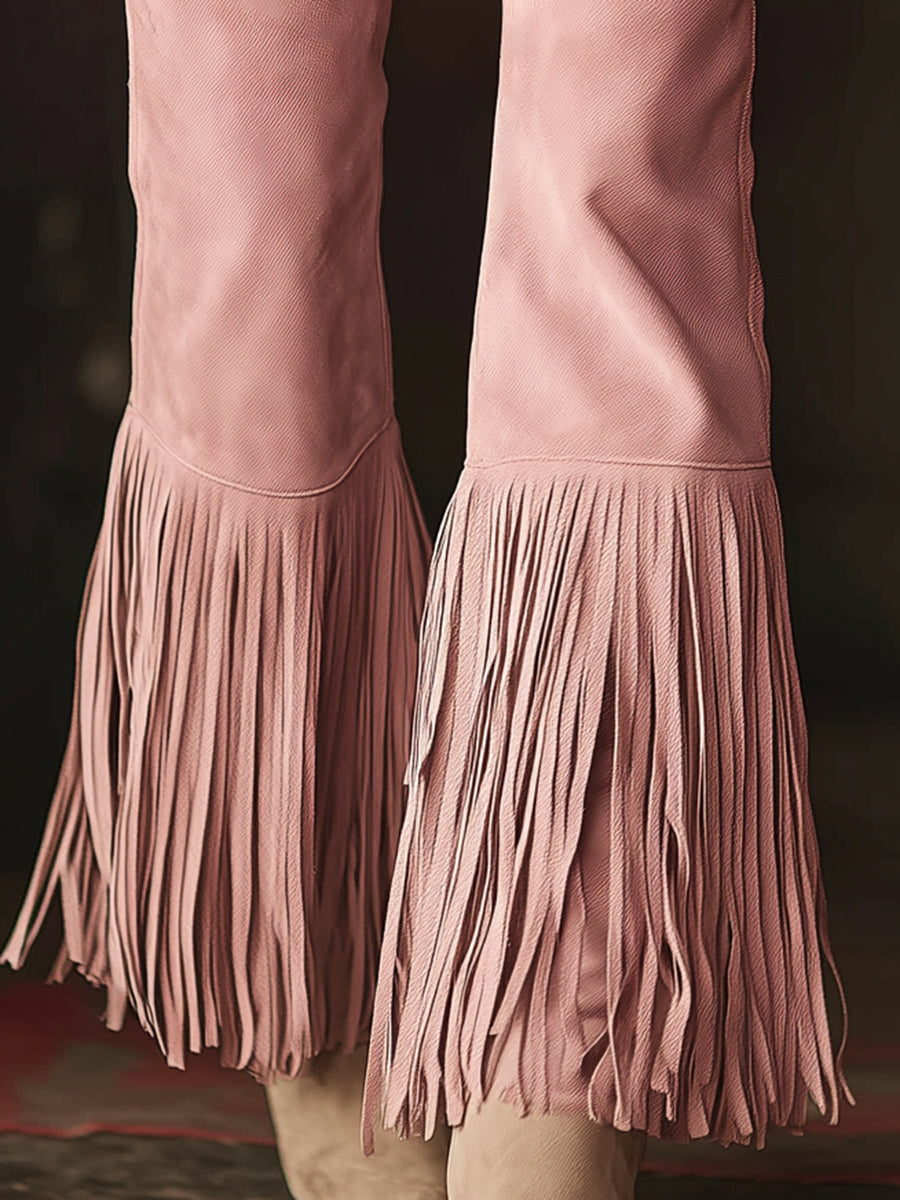 Western-style Pink Faux Suede Patchwork Tassel Pocket Zipper Trousers