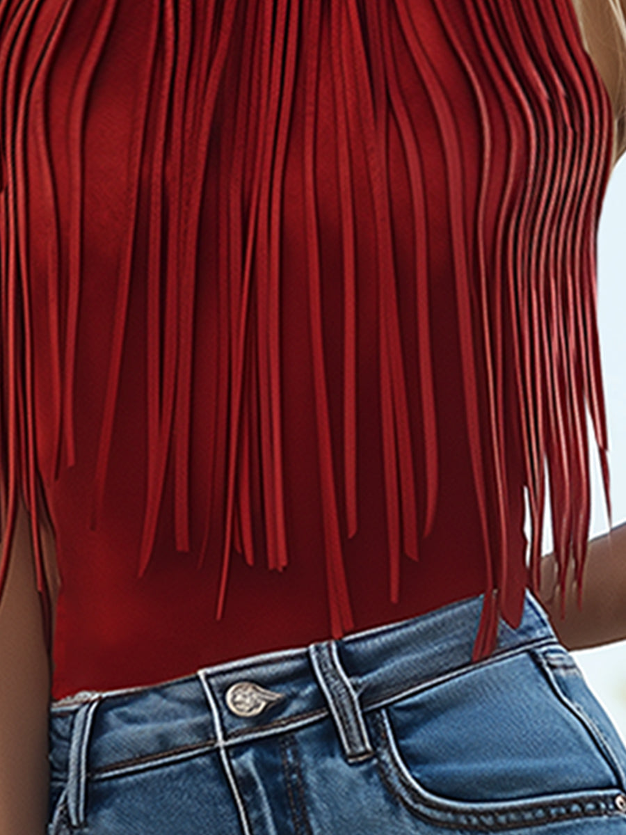 Trendy Retro Western Red Suede Round Neck Tassel Sleeveless Top