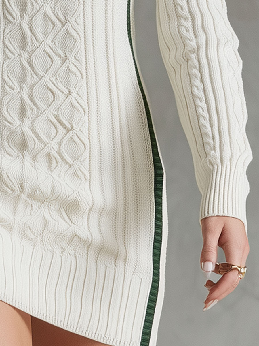 Casual Retro Green Striped White Knit Half-zip Collar Mini Dress