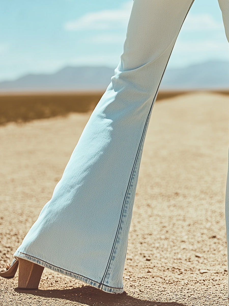 Vintage Back Pocket Star Embroidery Denim Flared Pants