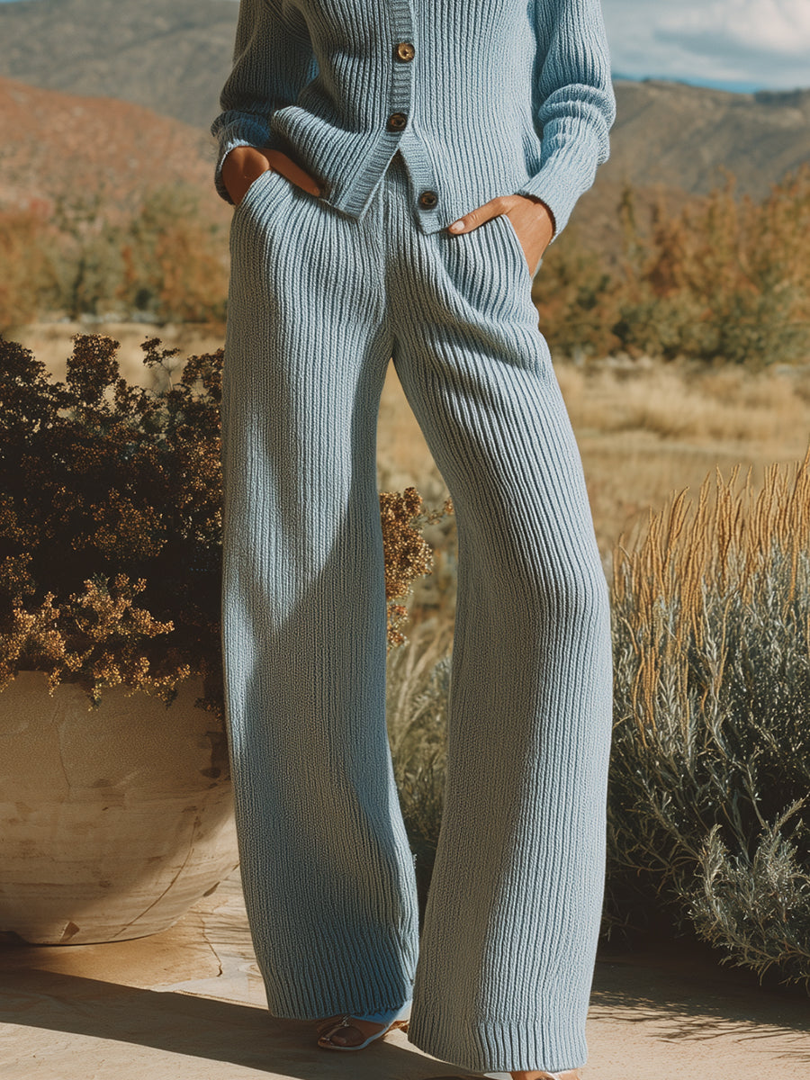 Stylish And Casual Light Blue Knitted Cardigan And Trousers Set