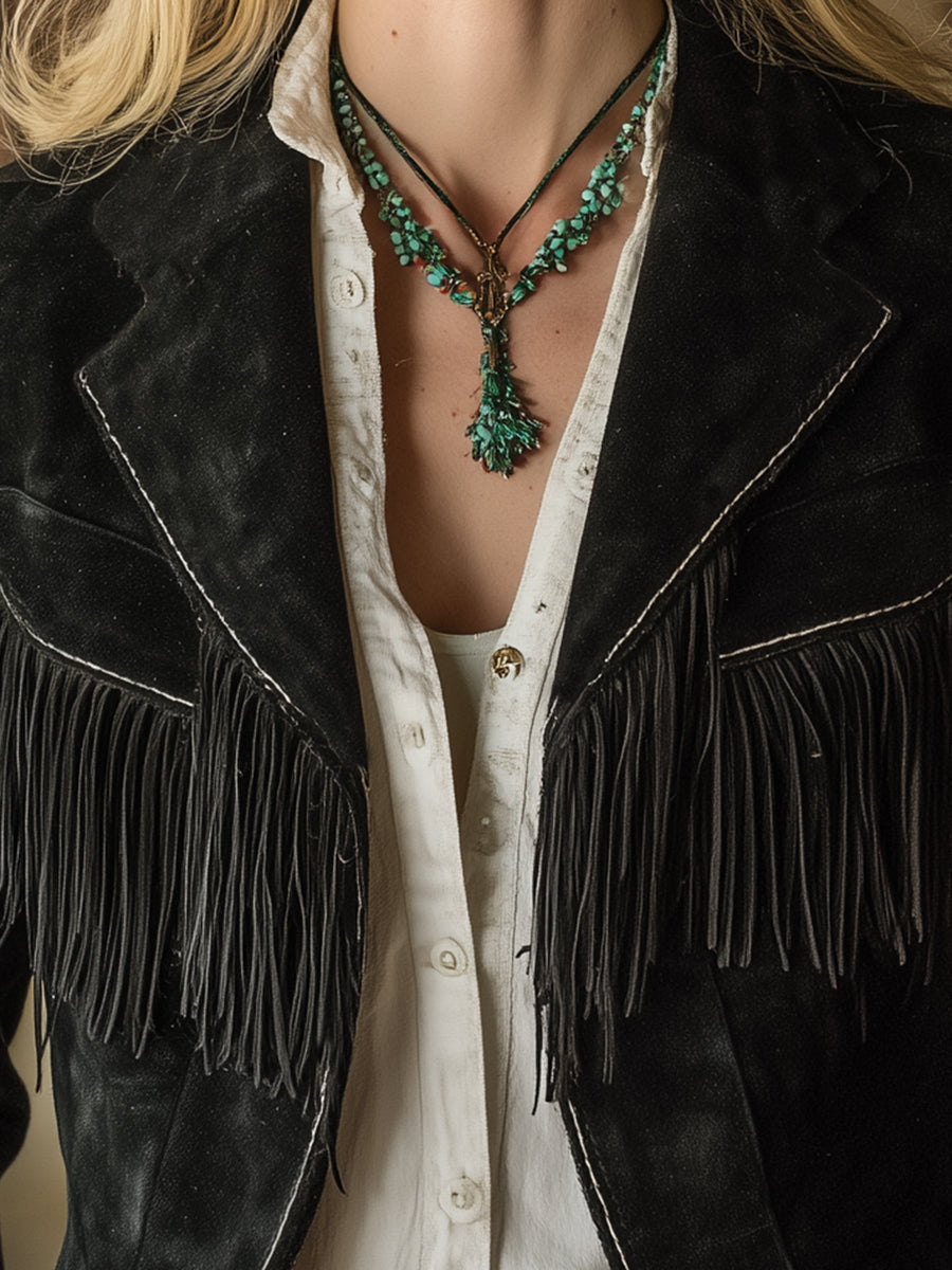 Western Black Faux Suede Hand-stitched Tassel Jacket