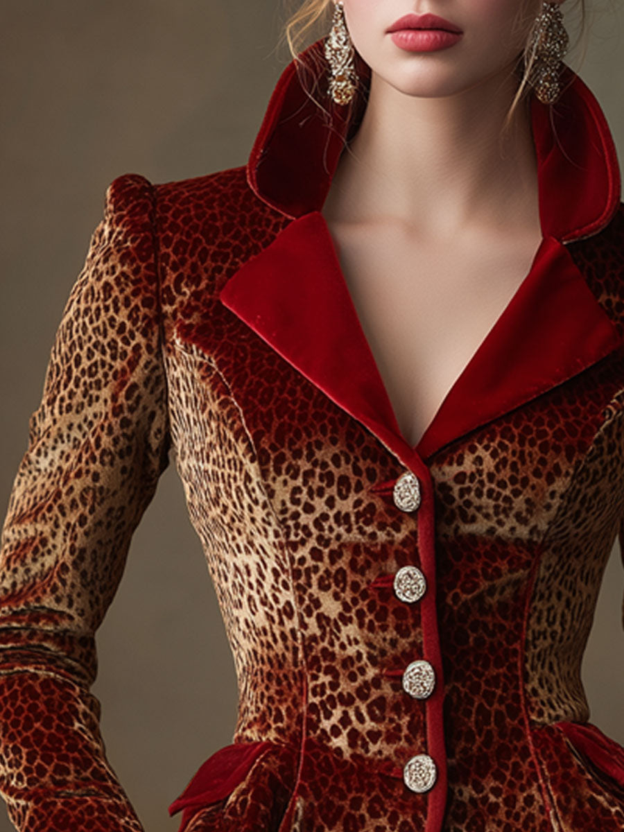 Stylish Retro Red Velvet Trim Leopard Print Ruffled Waist-cinching Blazer