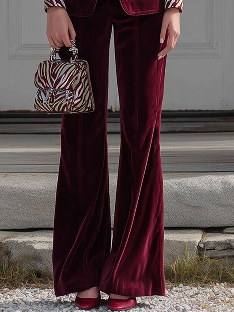 Vintage Zebra Print Lapel Red Velvet Set