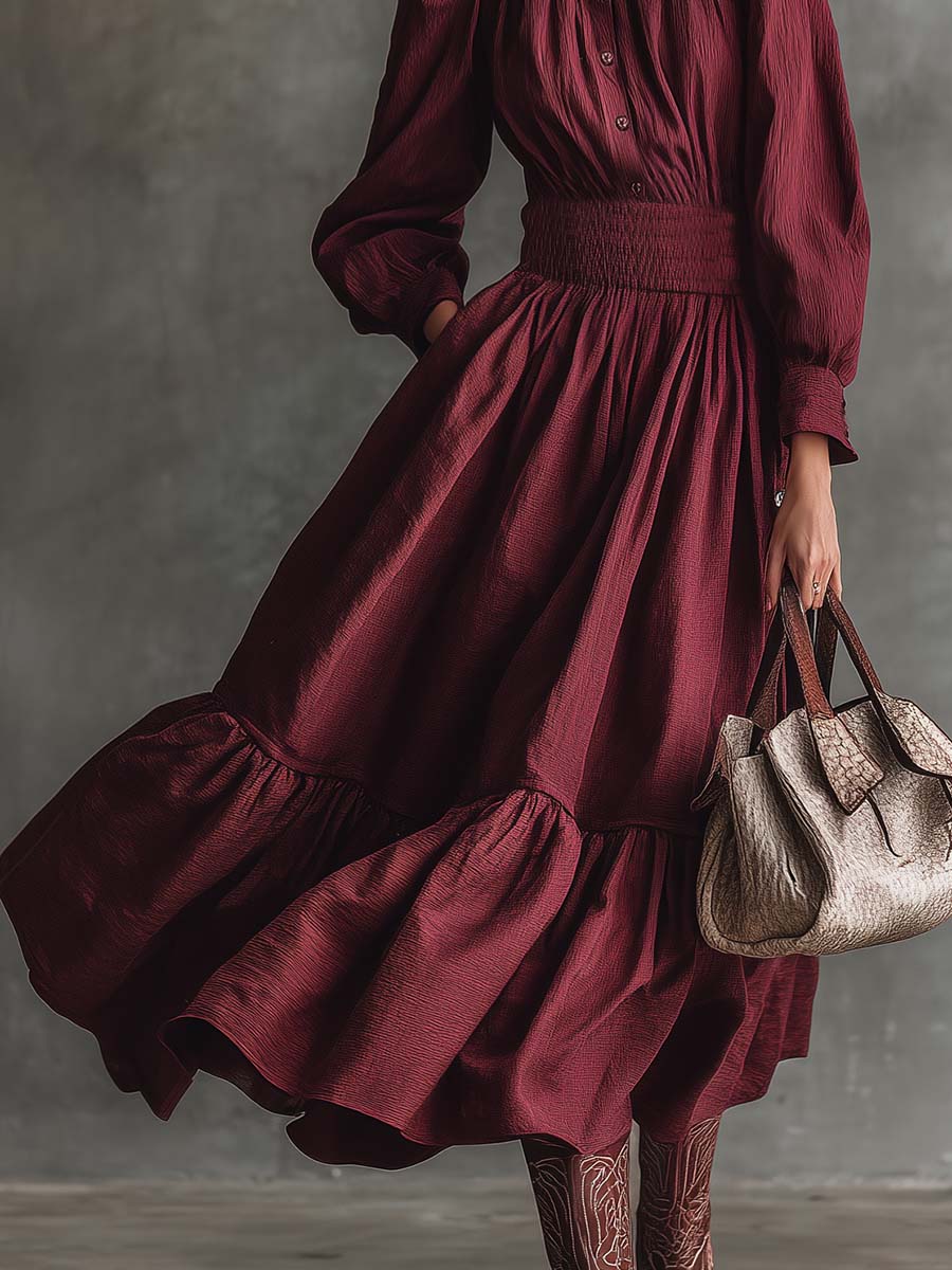 Vintage Western Countryside Lapel Button Front Bubble Hem Maroon Cotton Midi Dress