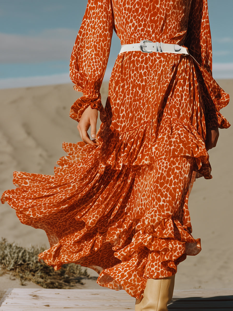 Stylish And Casual Ruffle Trim Orange Leopard Print Chiffon Maxi Dress