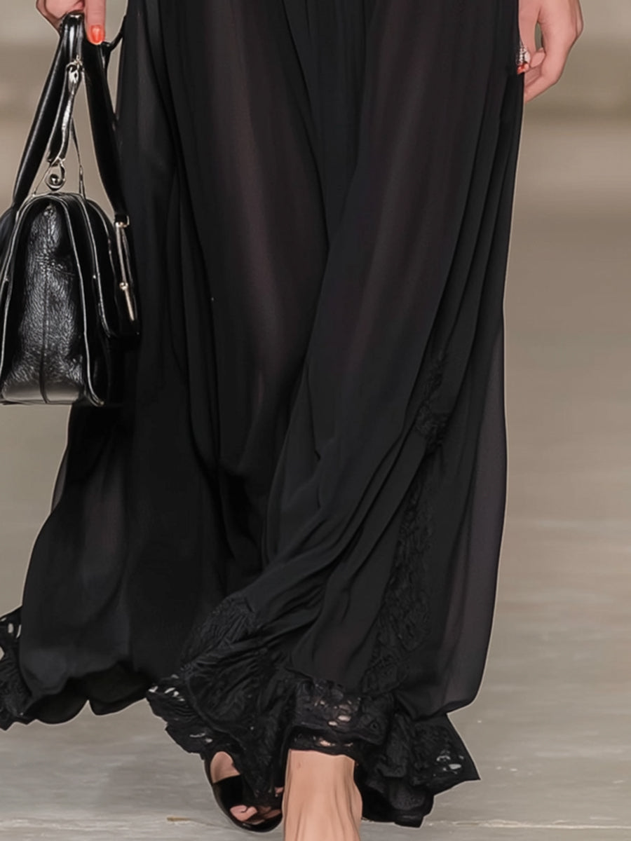 Stylish And Classic Black Chiffon And Lace Maxi Dress