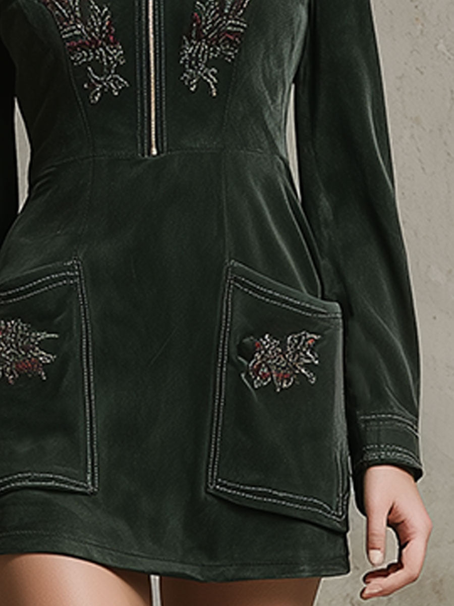 Western-style Retro Embroidered Green Faux Suede Mini Dress
