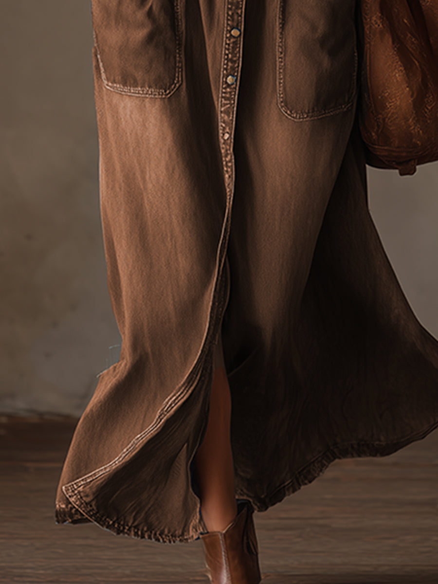 Vintage Western Collar Brown Denim Front Button-Down Maxi Dress