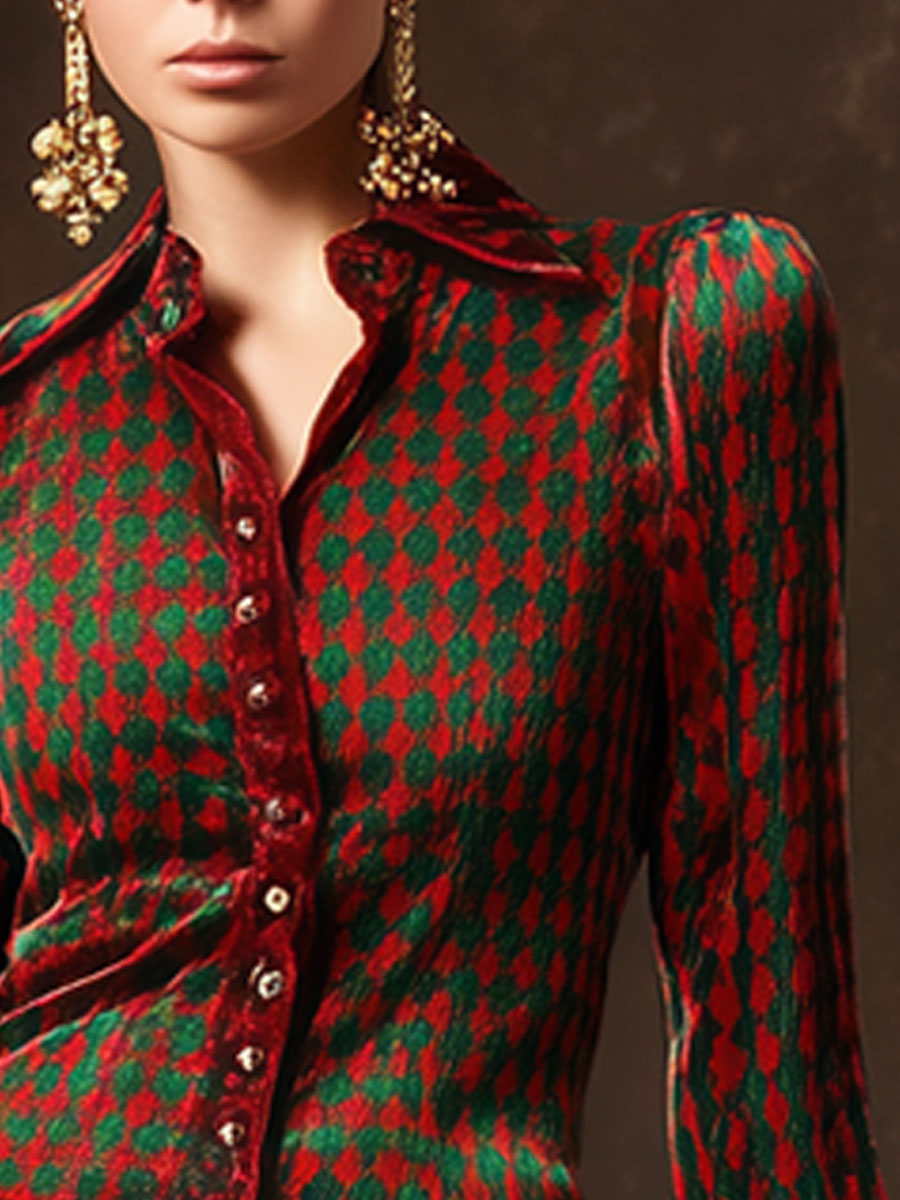 Trendy Retro Red And Green Houndstooth Velvet Long-sleeved Ruffle Shirt