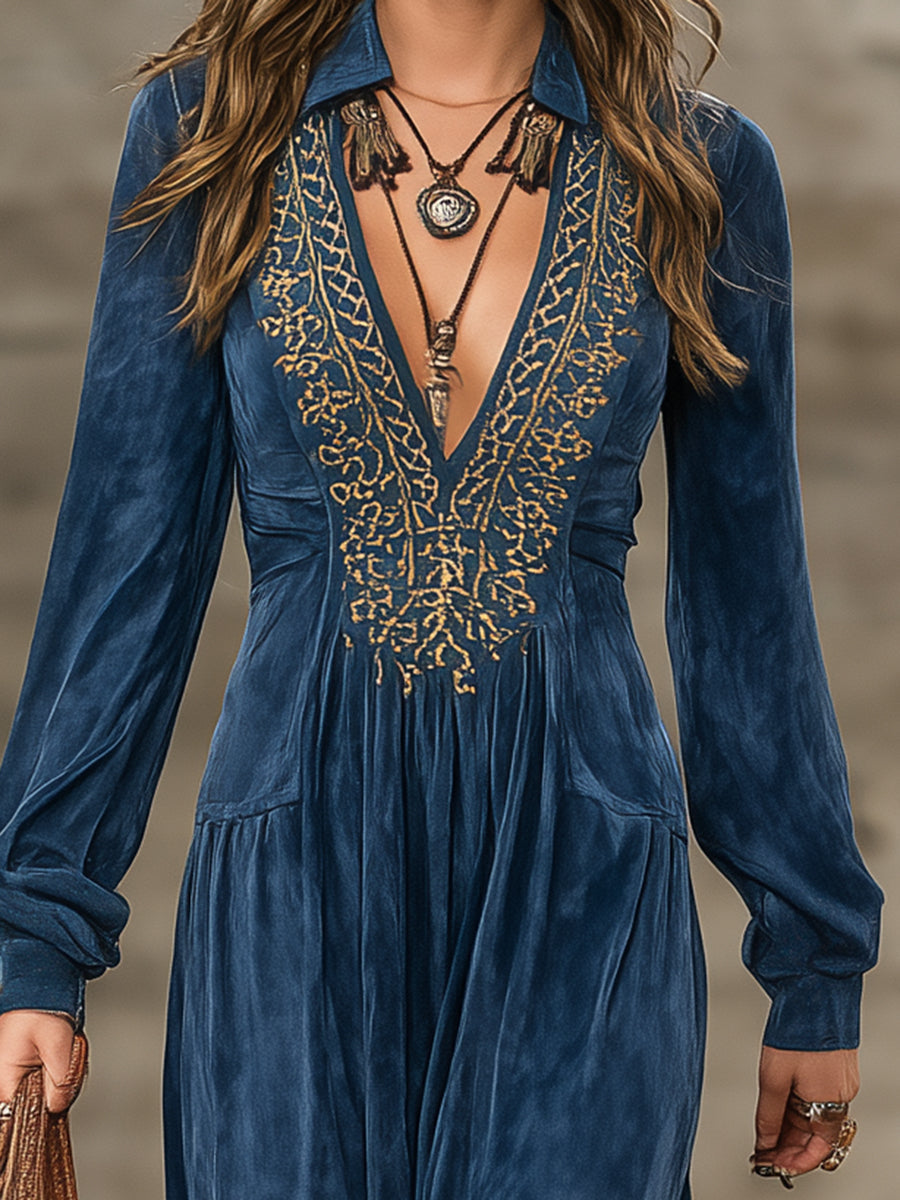 Western-style Faux Suede V-neck Embroidered Maxi Dress