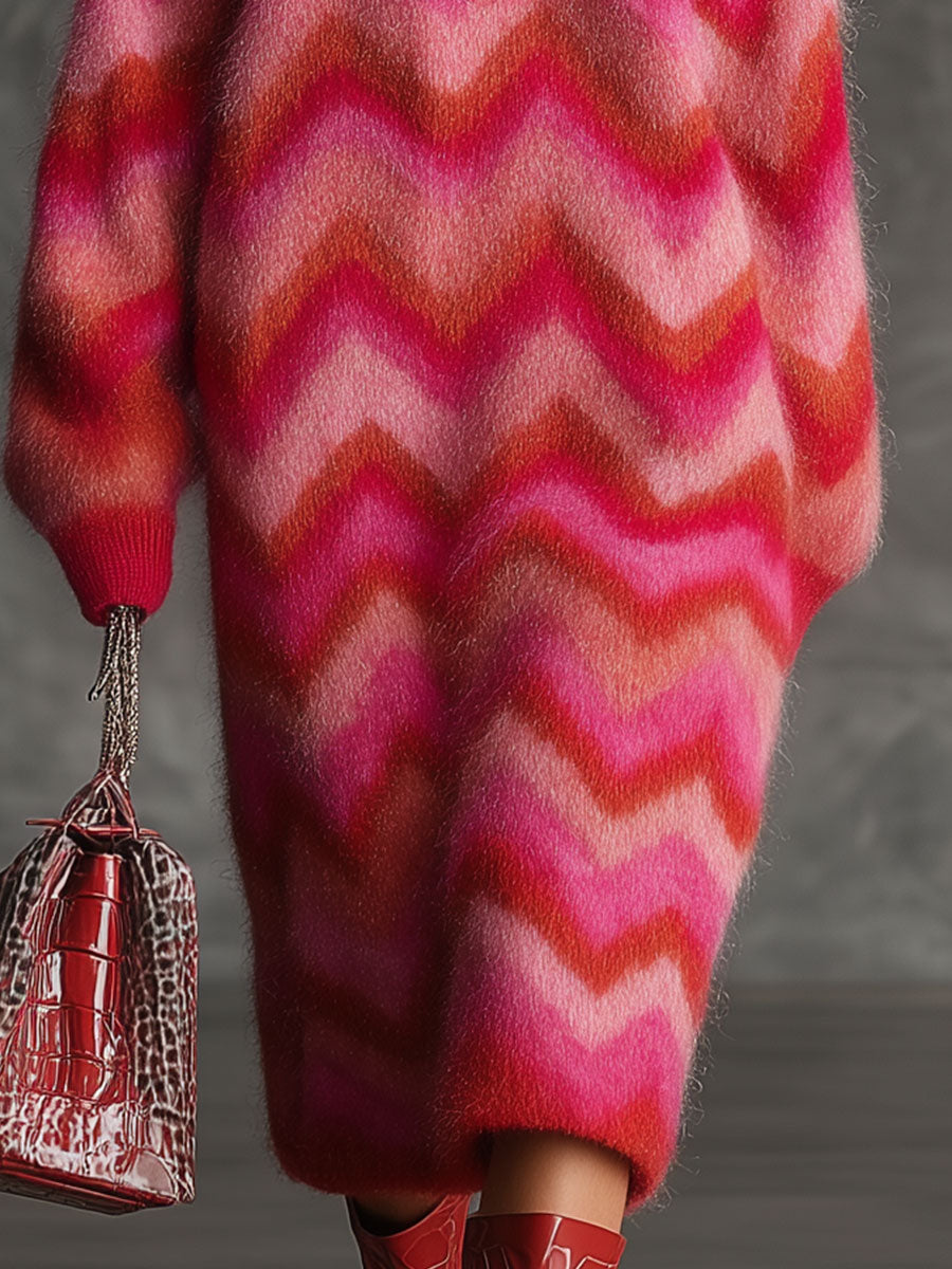 Vintage Red And Pink Zigzag Knit Collared Half-zip Midi Dress