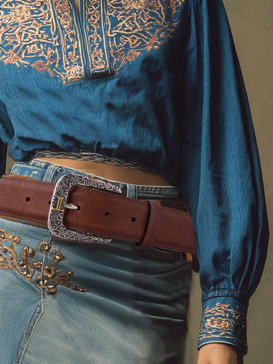 Casual Retro Collared Embroidered Blue Denim Shirt