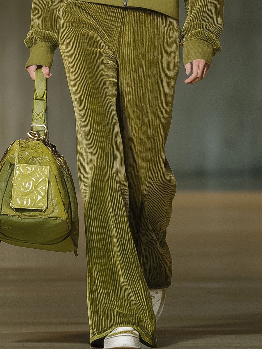 Stylish Olive Green Corduroy Zip-up Jacket And Long Suit