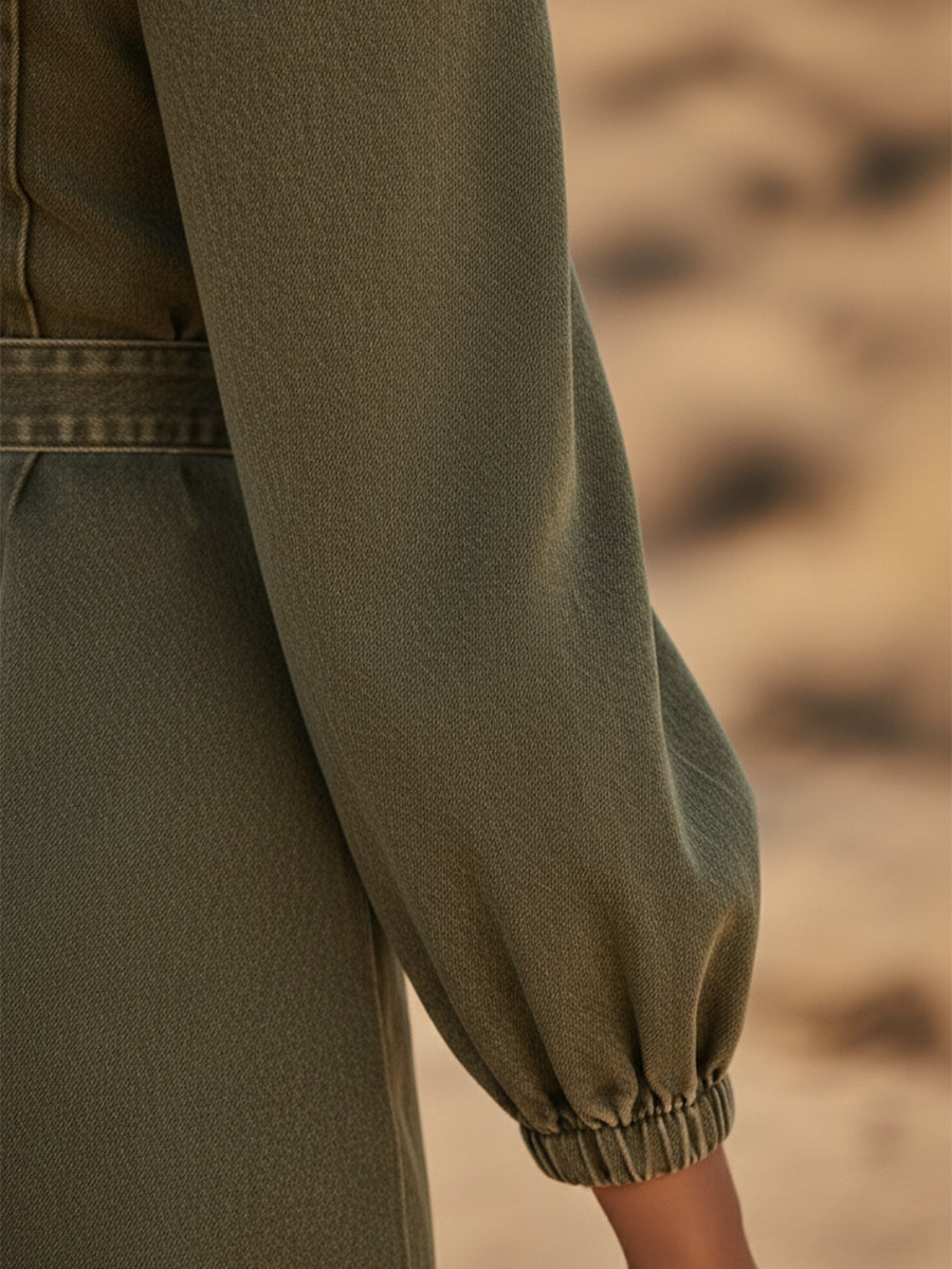 Trendy Western-style Front Zipper Green Denim Mini Dress